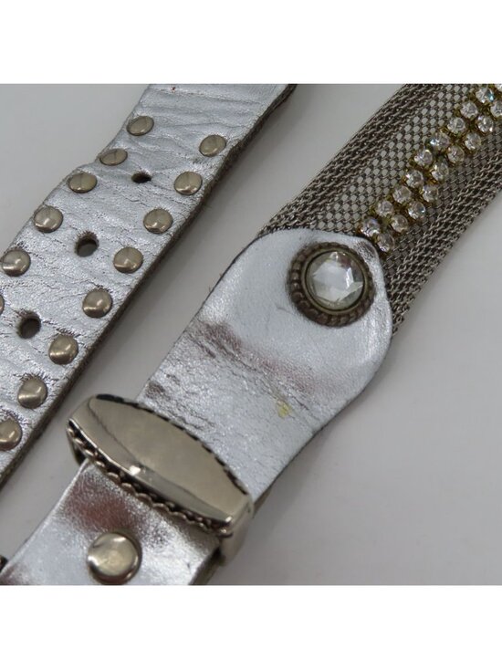 Sand Castle Womens Silver Tone Leather Metal Mesh Studded Rhinestone Belt VTG main image 11